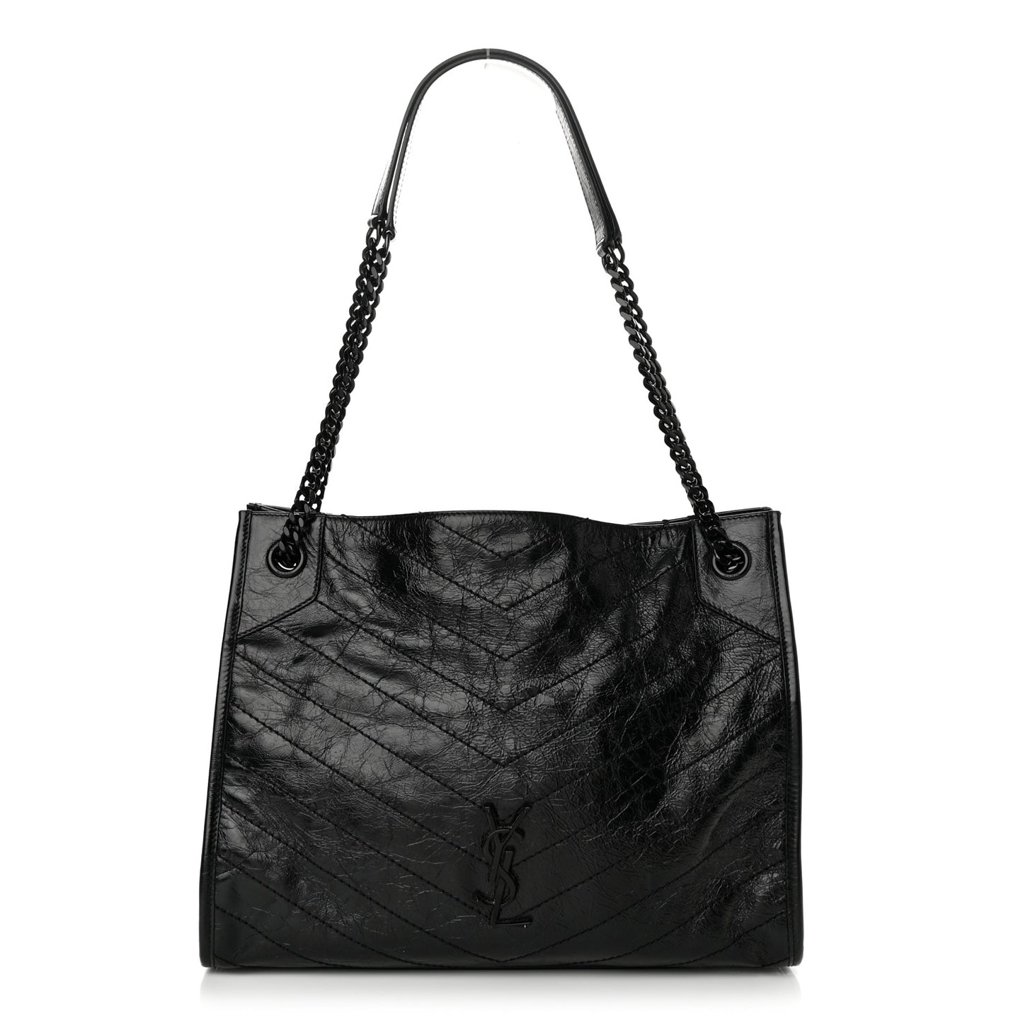 Crinkled Calfskin Matelasse Monogram Medium Niki Shopper Tote Black