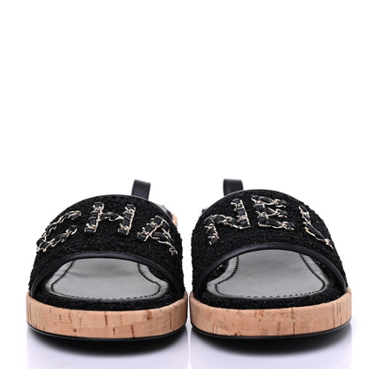 Chanel Tweed Cork CC Chain Mule Sandal 39.5 Black 2 of 9
