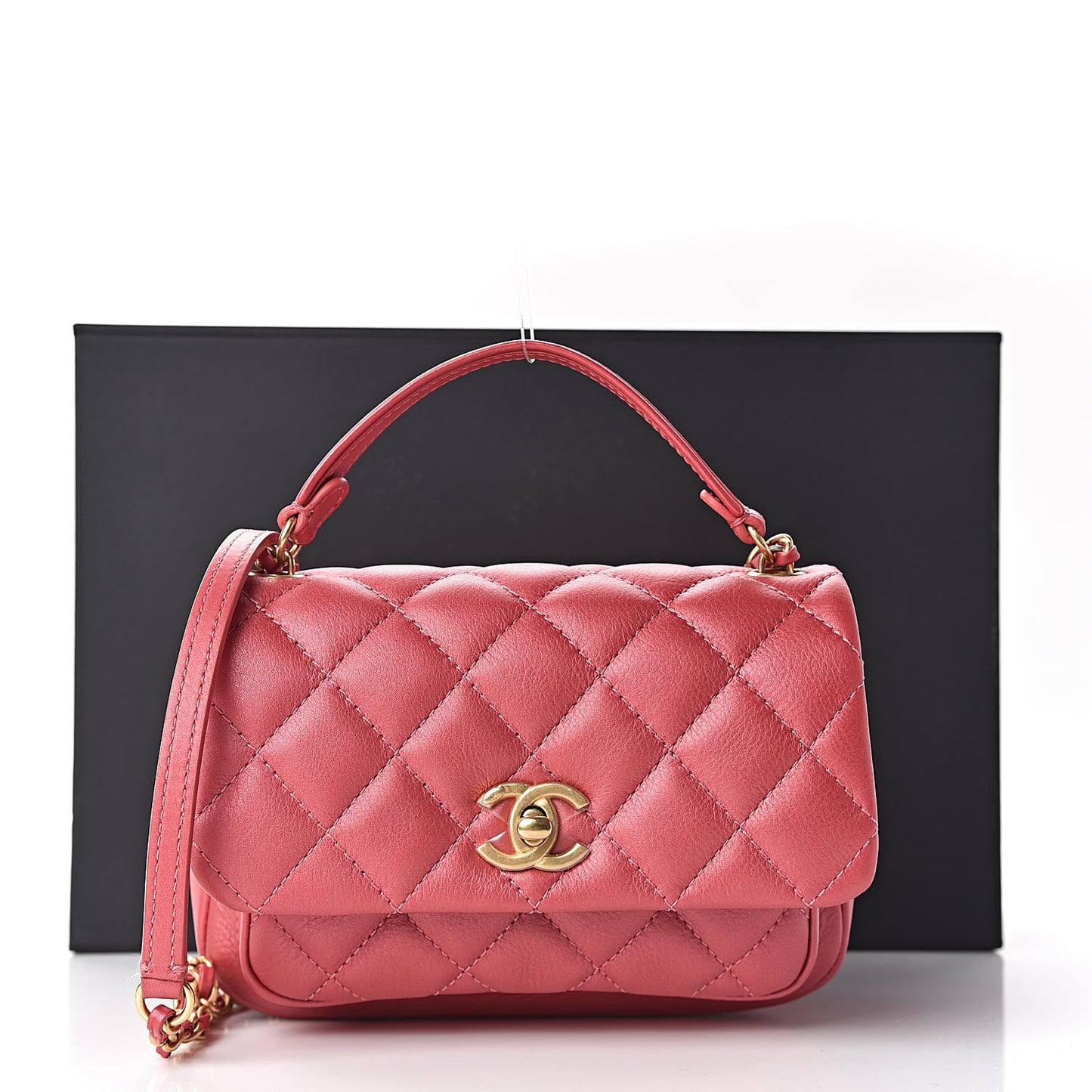 Metallic Calfskin Quilted Handle Flap Bag Dark Pink