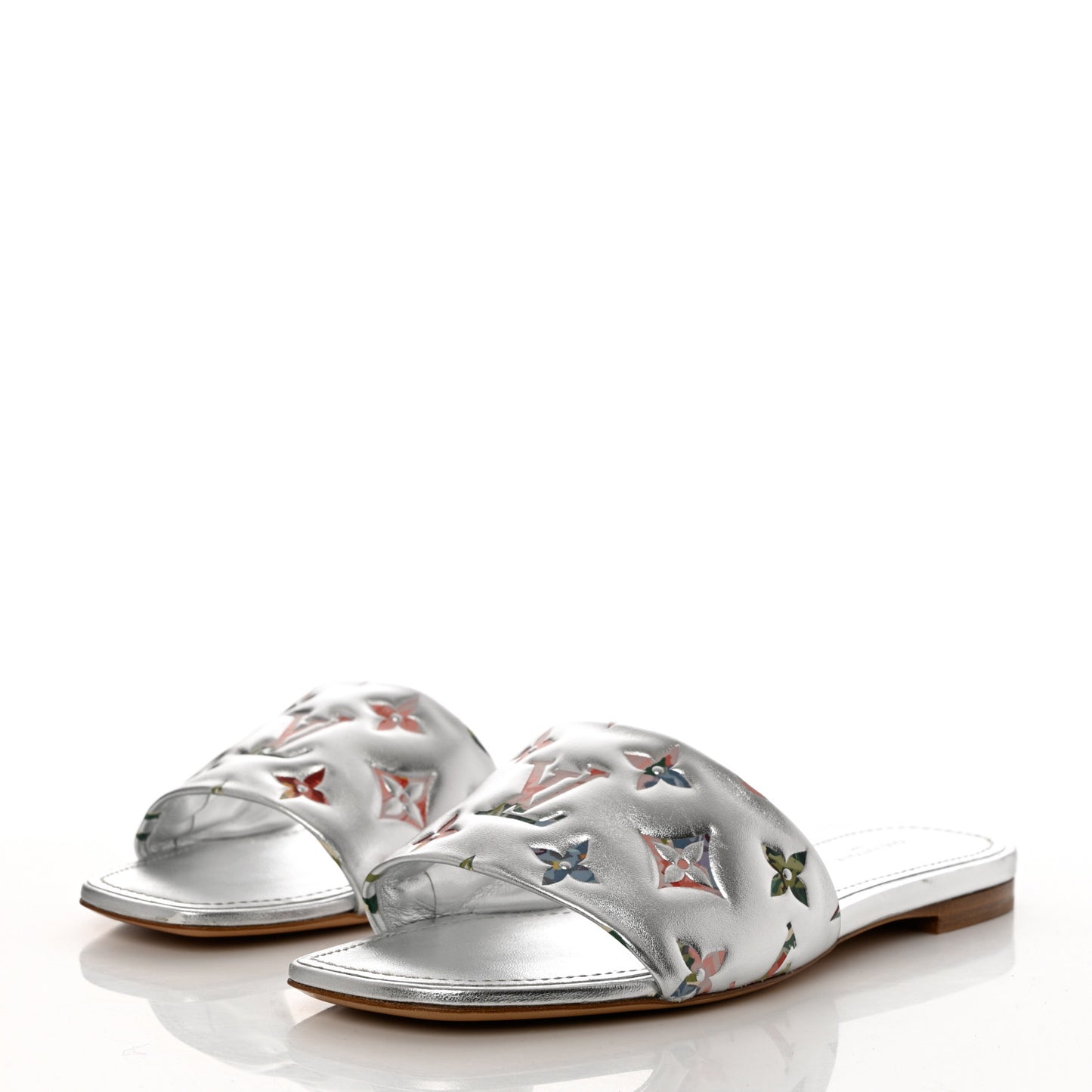 Metallic Lambskin Embossed Monogram Floral Revival Flat Mules 37 Silver