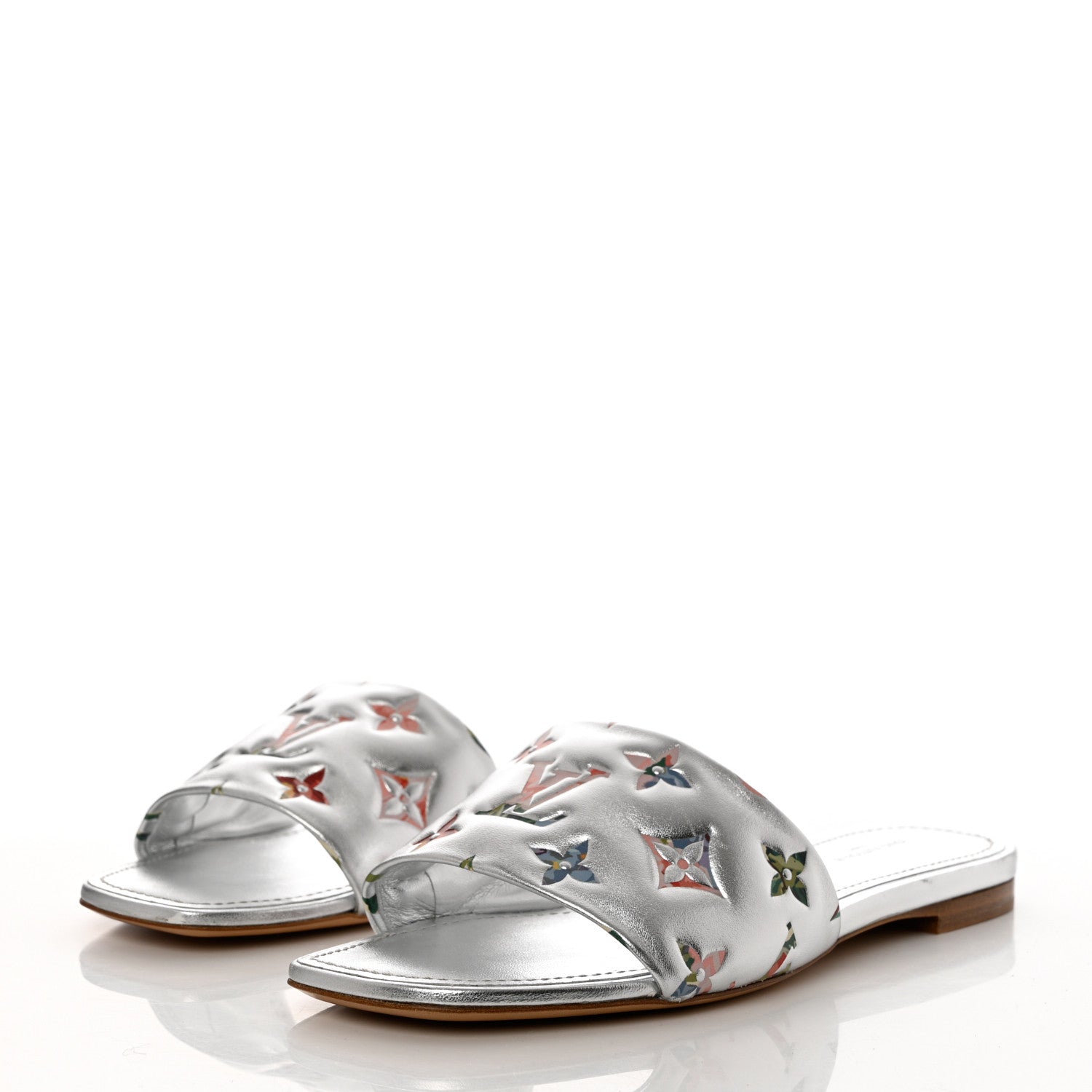 Louis Vuitton Metallic Lambskin Embossed Monogram Floral Revival Flat Mules 37 Silver 3 of 13
