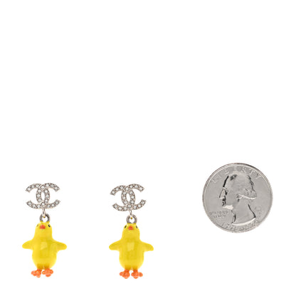Chanel Metal Resin Strass Crystal CC Baby Chick Pendant Earrings Silver Yellow Orange 2 of 4