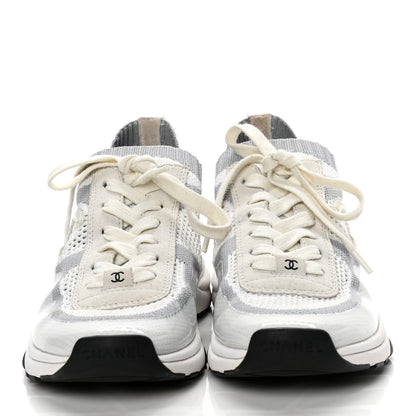 Chanel Fabric Suede Calfskin Stretch CC Sneakers 38.5 White Grey 2 of 9