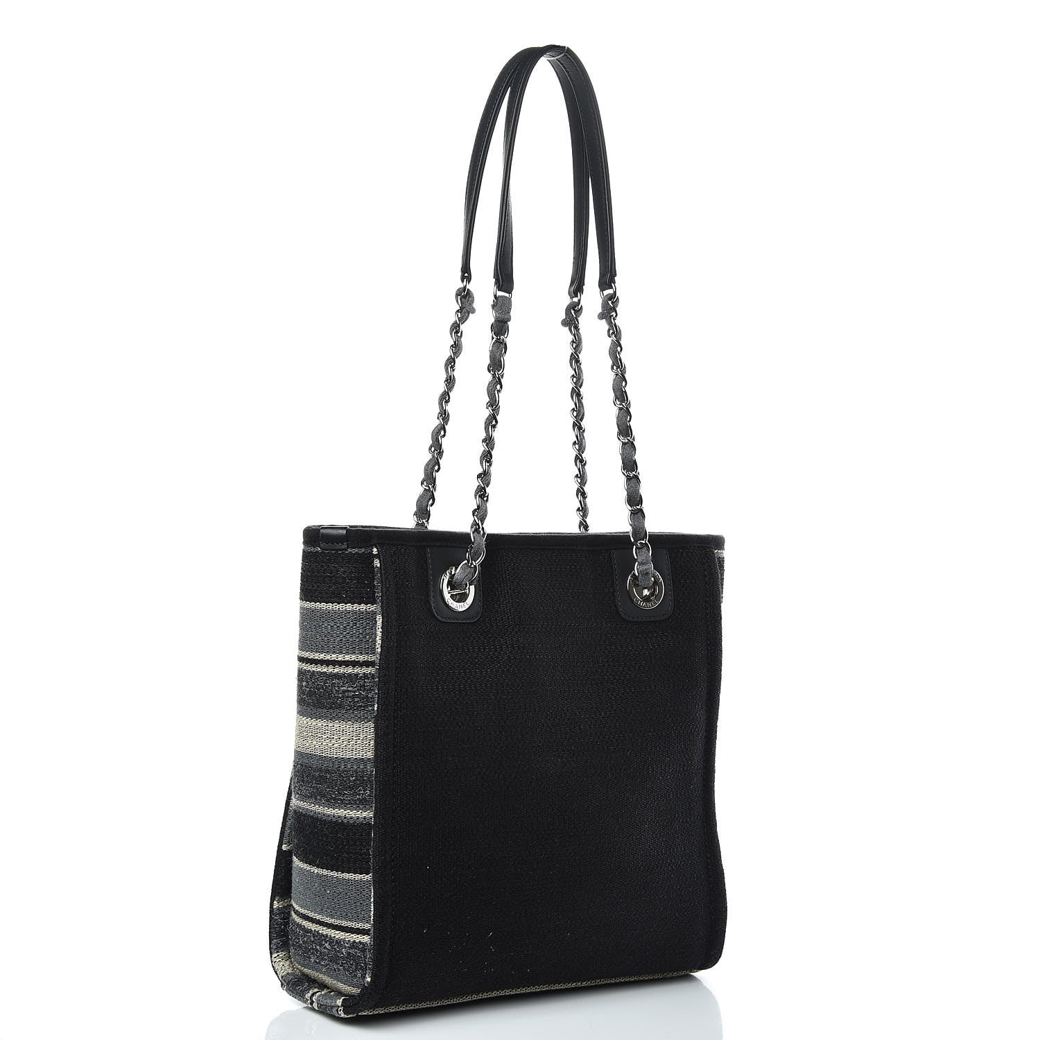 Chanel Striped Canvas Mini Deauville Tote Grey Black 3 of 10