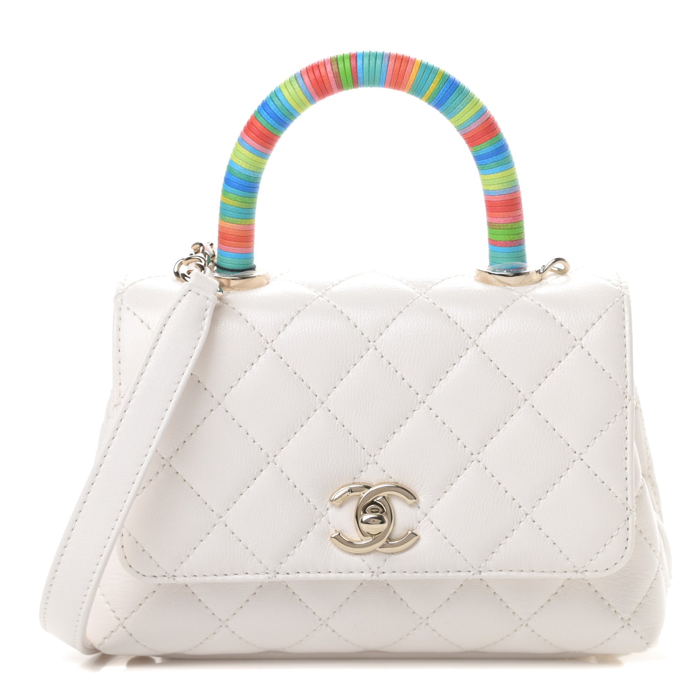 Goatskin Quilted Extra Mini Rainbow Coco Handle Flap White