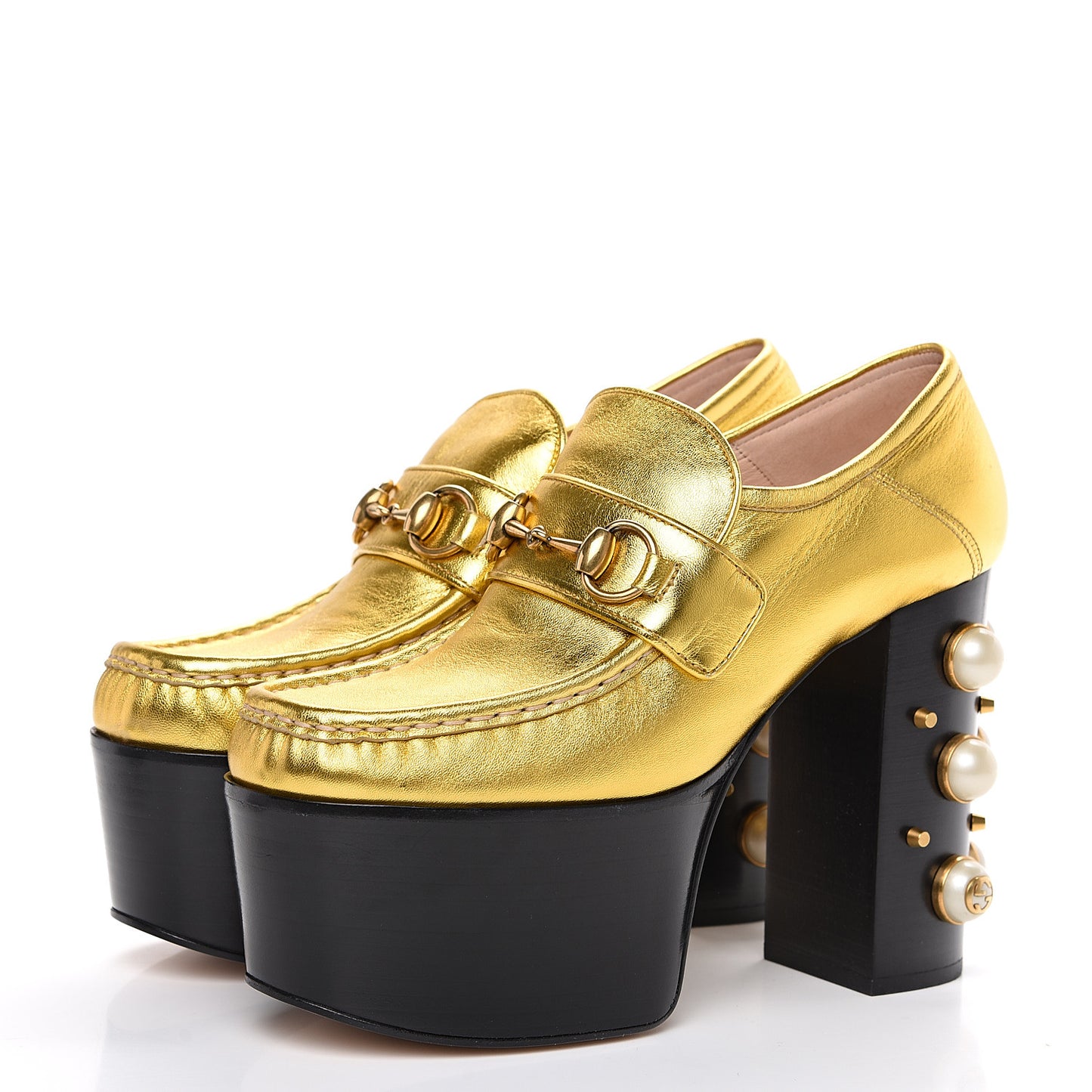 Malaga Kid Pearl Studded Vegas Platform Loafers 37.5 Gold