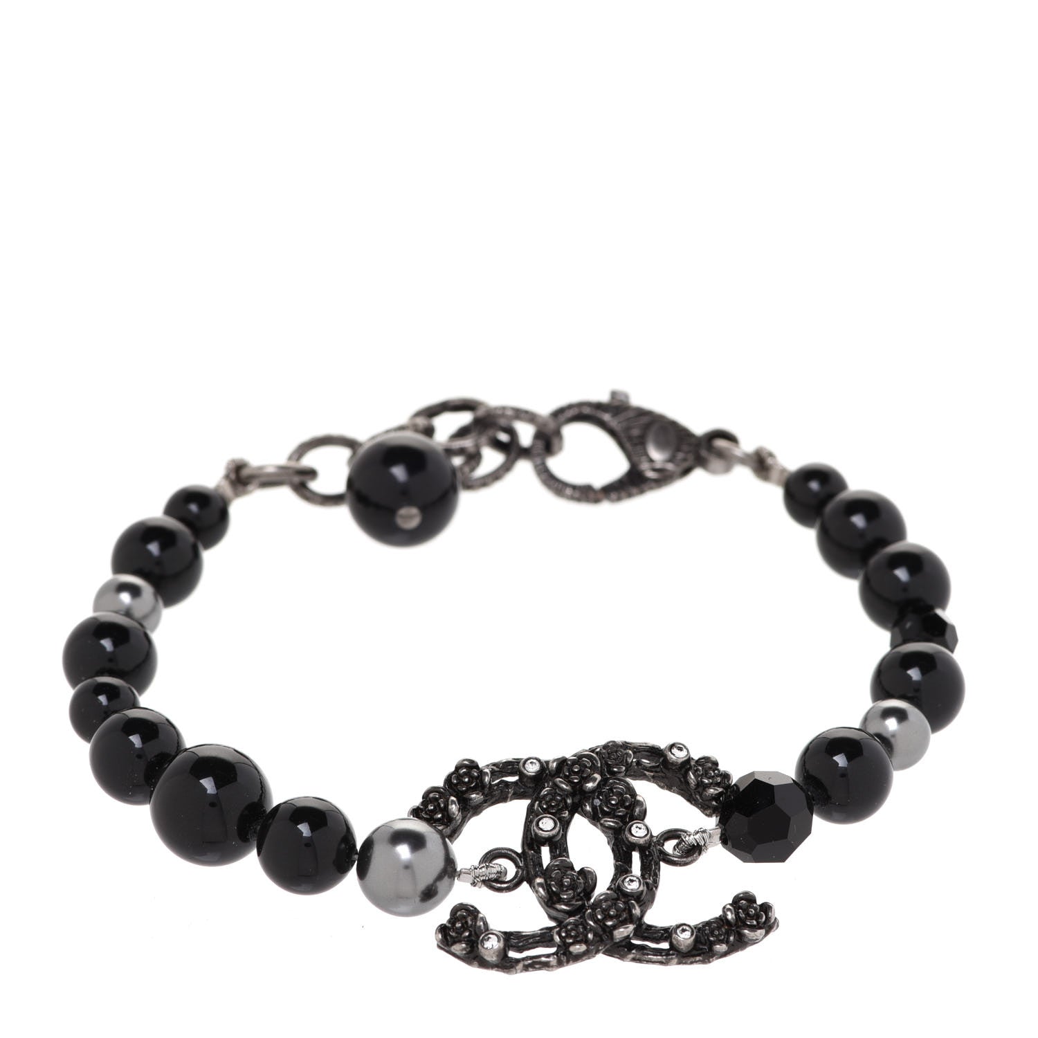 Chanel Pearl Crystal CC Camellia Bracelet Ruthenium Black 1 of 6