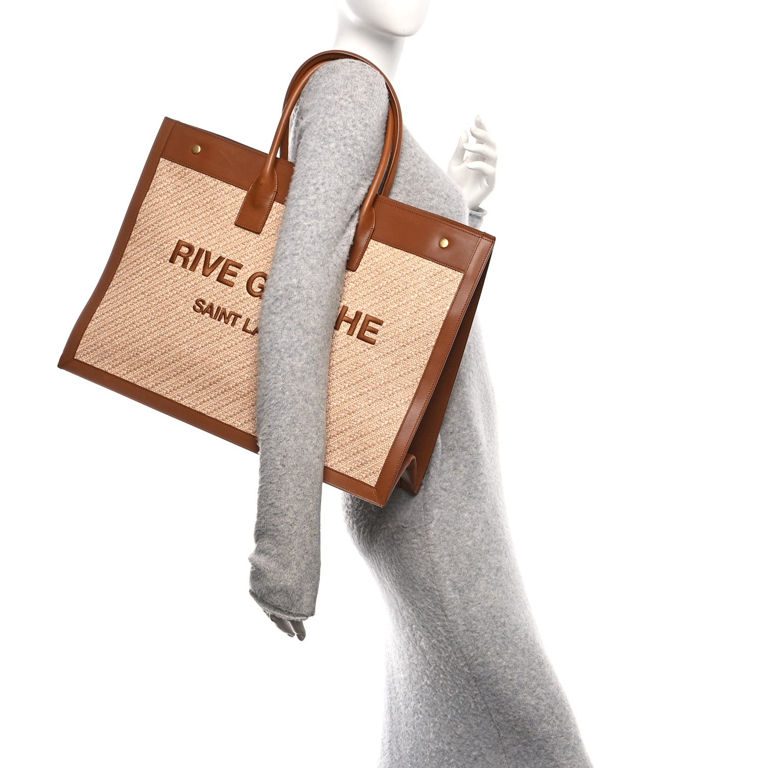 Saint Laurent Raffia Linen Calfskin Rive Gauche Tote Naturale Brown 2 of 10