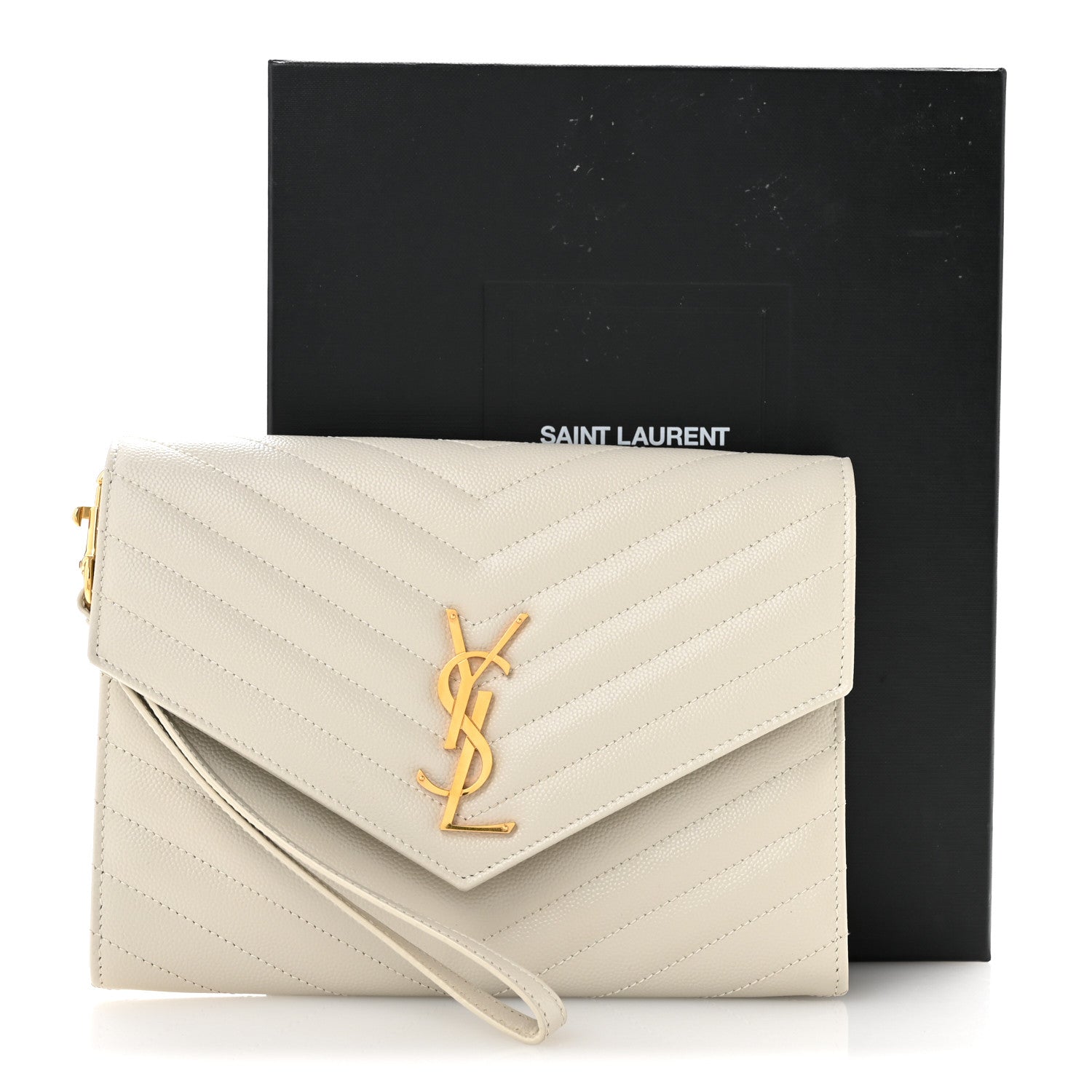 Saint Laurent Grain De Poudre Matelasse Chevron Monogram Envelope Clutch Crema Soft 13 of 13
