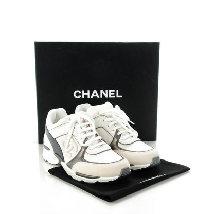 Chanel Suede Calfskin CC Sneakers 37.5 White Grey 8 of 8