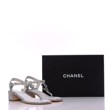 Chanel Laminated Suede Goatskin CC Thong Sandals 38 White Silver 10 of 10