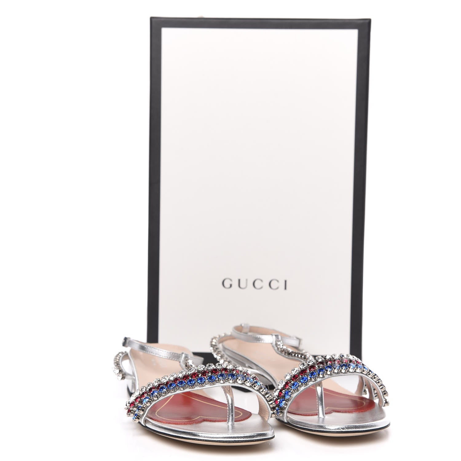 Gucci Nappa Silk Crystal Bertie T-Strap Low Heel Sandals 37 Argento 8 of 8