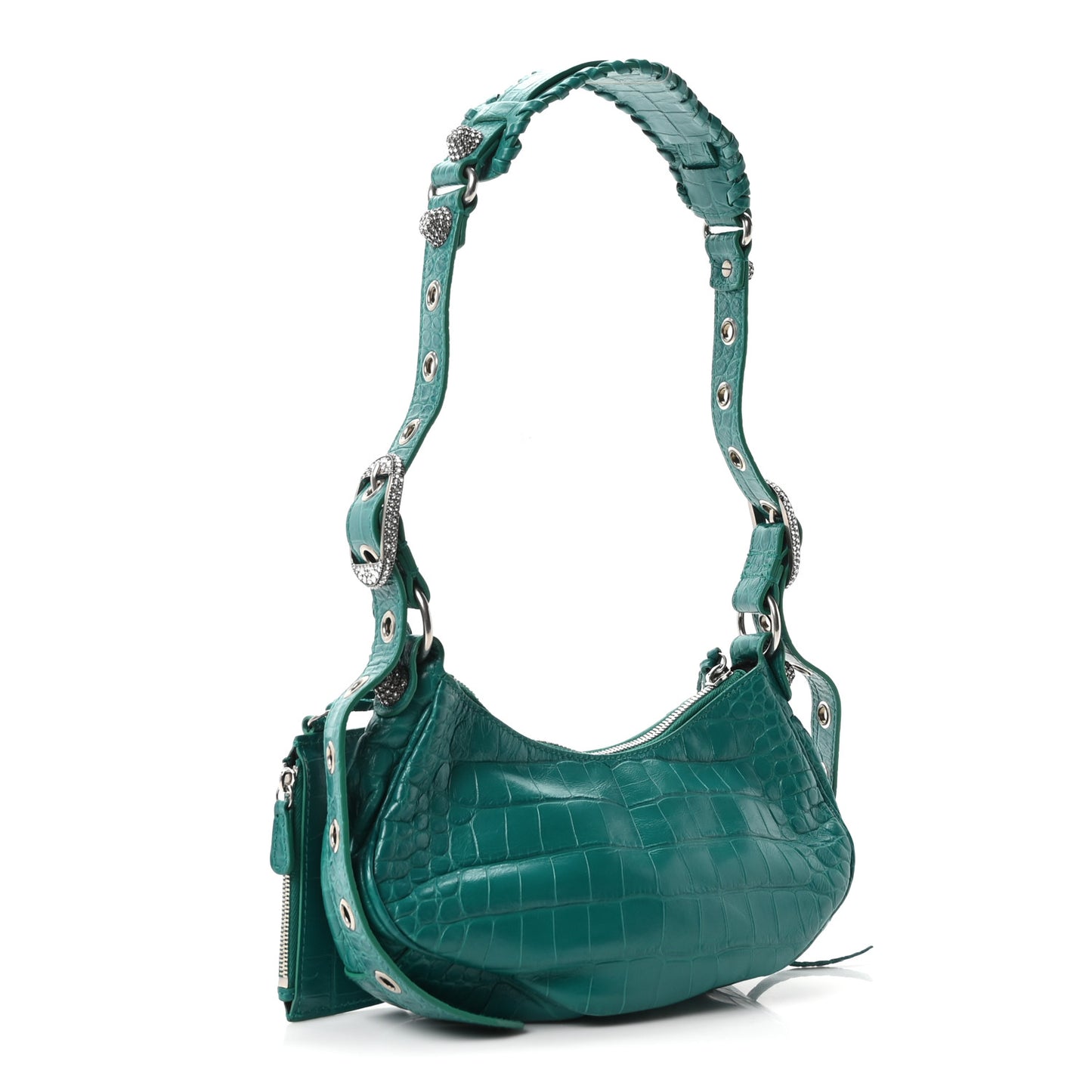 Extra Supple Calfskin Crystal Crocodile Embossed Le Cagole Shoulder Bag XS Jade