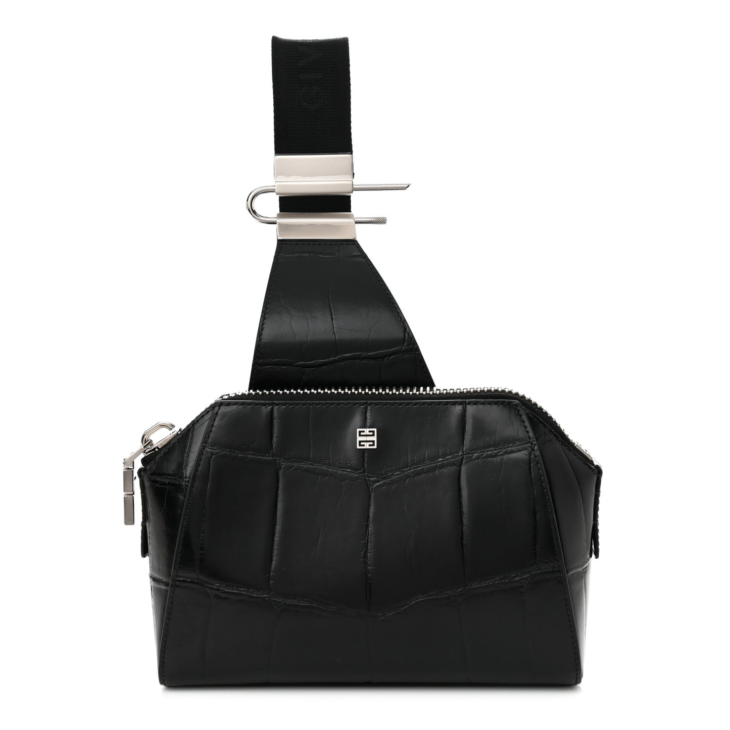 Calfskin Crocodile Embossed Antigona U Crossbody Bag Black