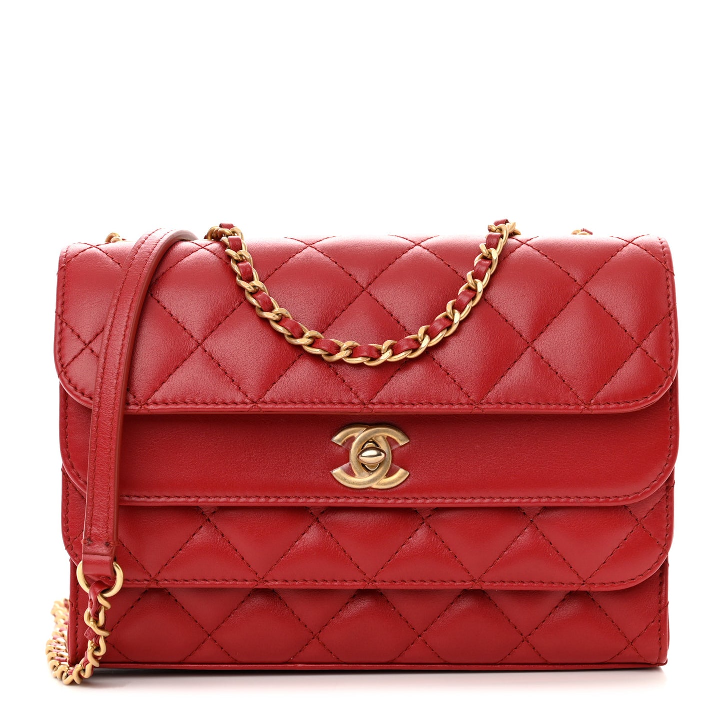 Calfskin Quilted Medium Triple Flap Red