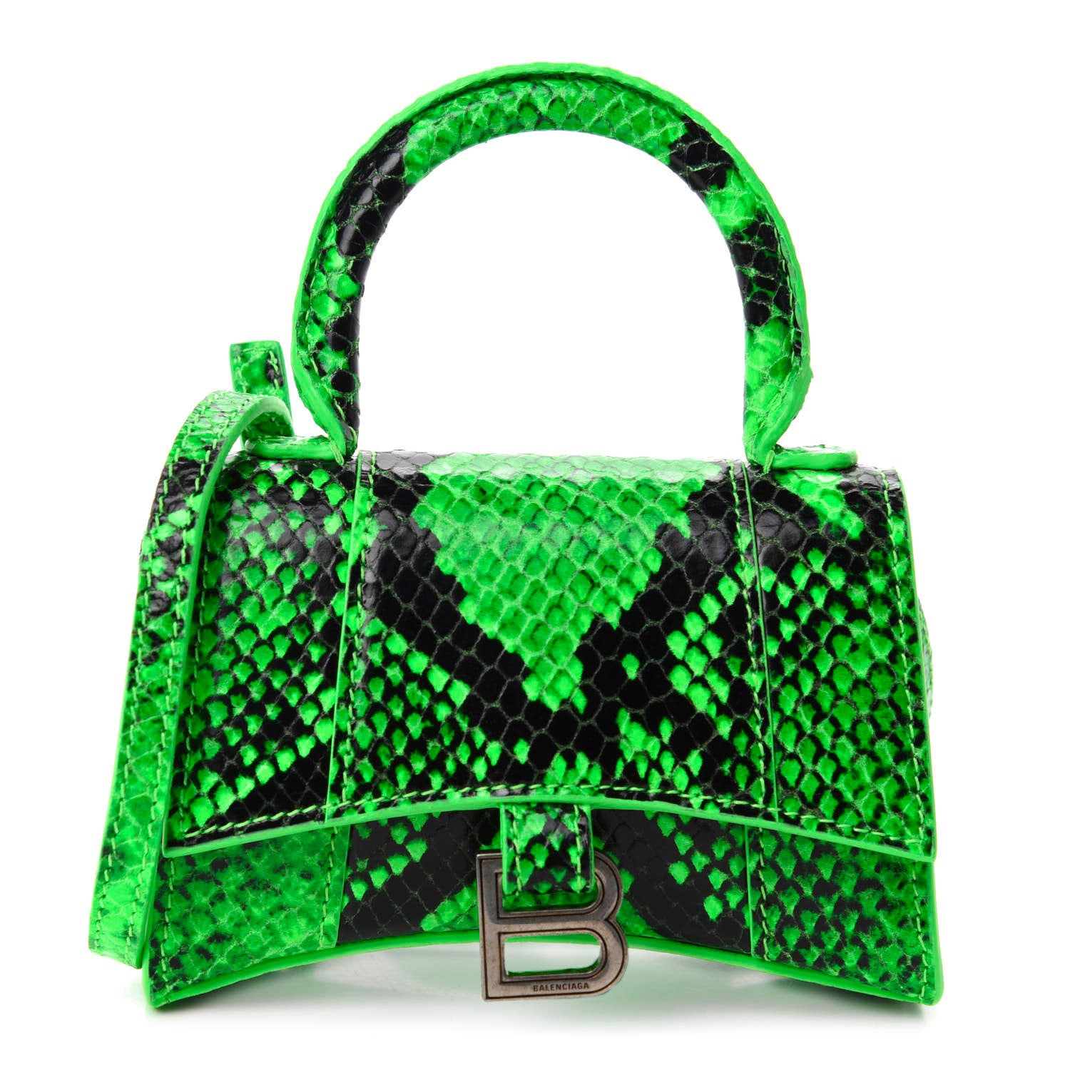 Balenciaga Shiny Calfskin Python Effect Hourglass Top Handle Bag Mini Fluo Green Black 1 of 10