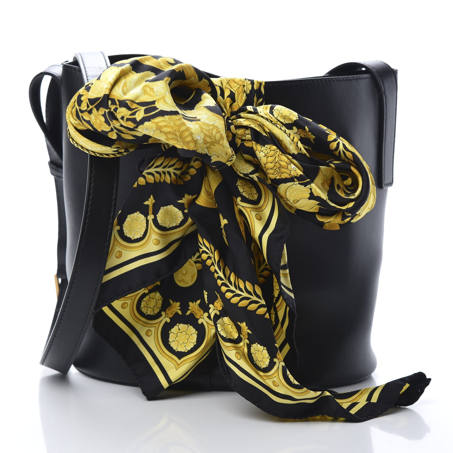Versace Calfskin Barocco Scarf Bucket Bag Black 3 of 10