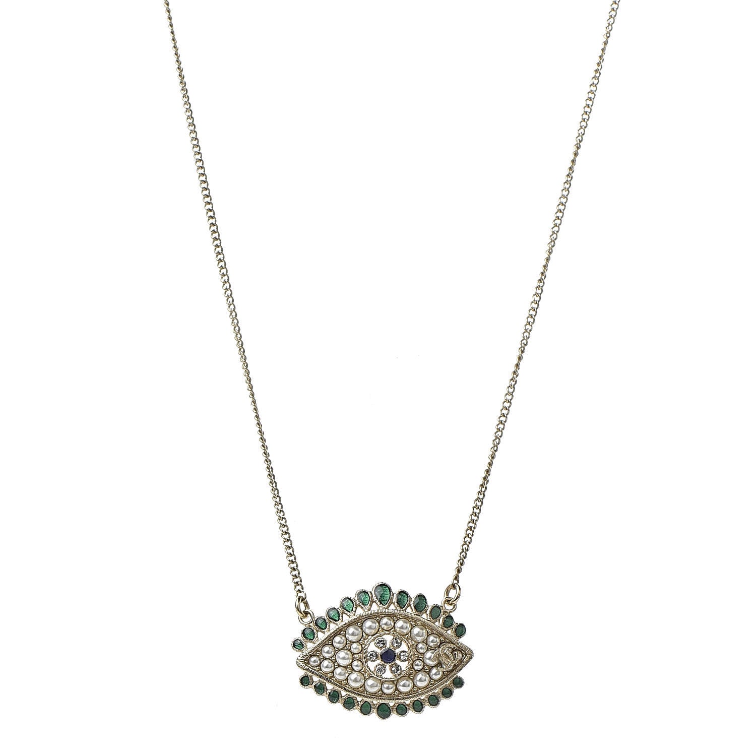 Chanel Resin Crystal Glass Pearl Eye Pendant Necklace Gold Multicolor 1 of 5