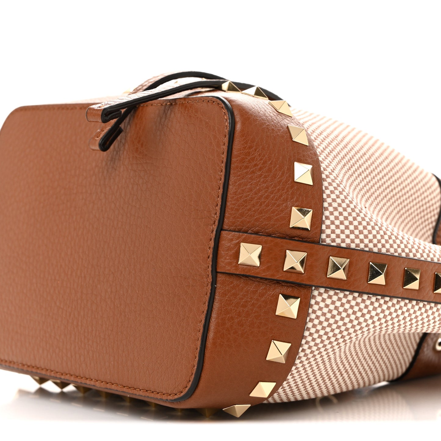 Canvas Grained Calfskin Rockstud Drawstring Bucket Bag Naturale Tobacco