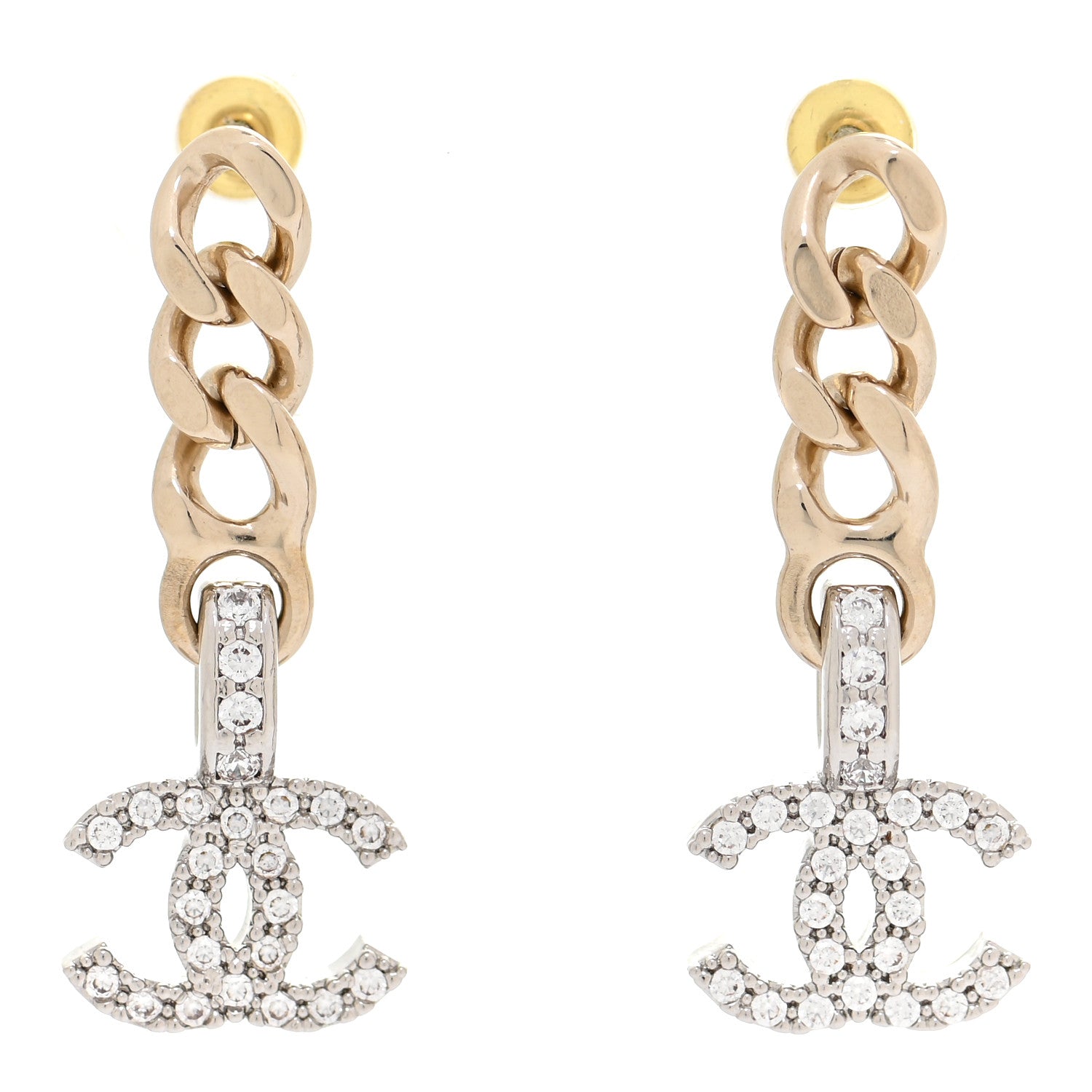 Chanel Metal Crystal CC Chain Drop Earrings Gold 1 of 5