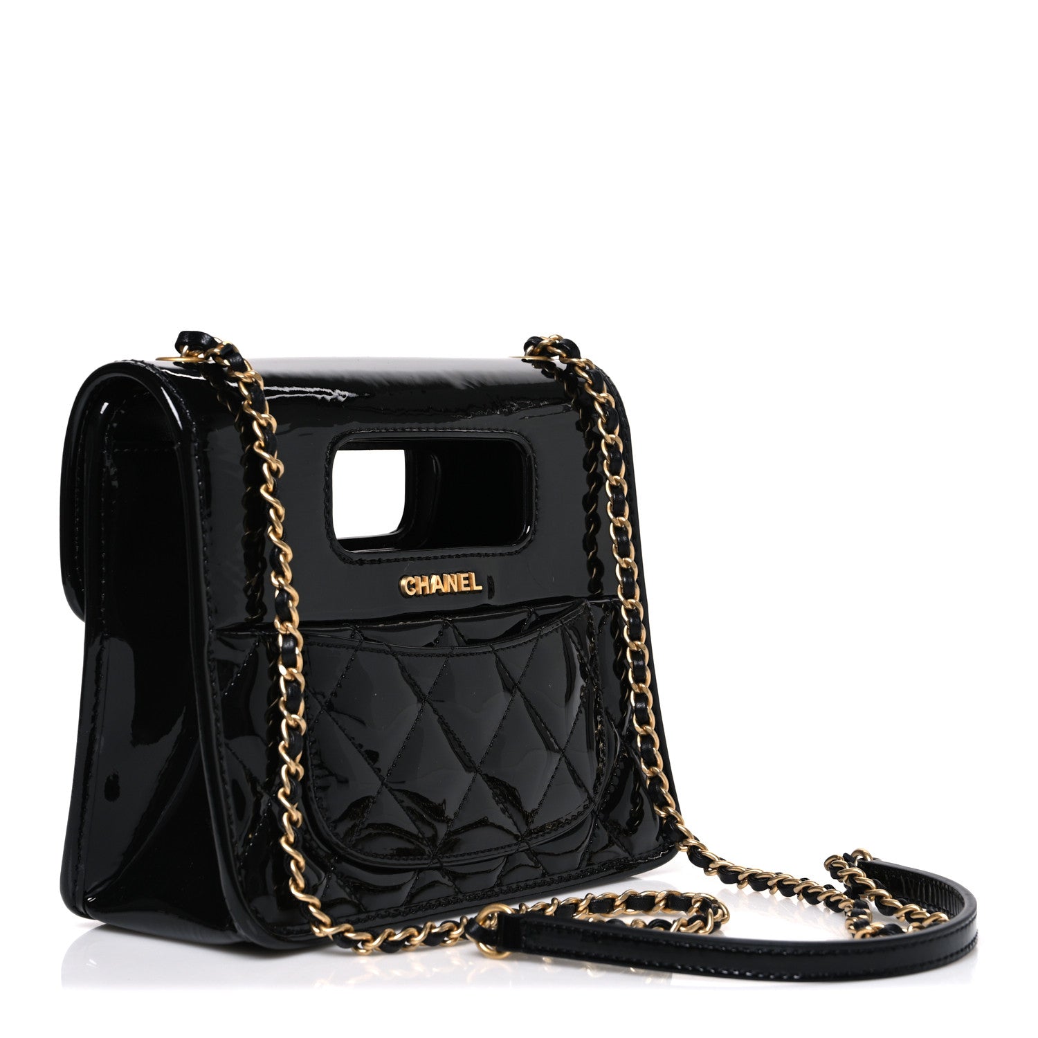 Chanel Patent Quilted Mini Graphic Catch Flap Black 3 of 10