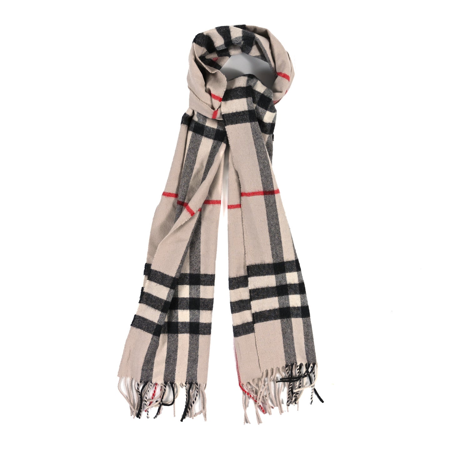Cashmere Giant Check Fringe Scarf Ivory