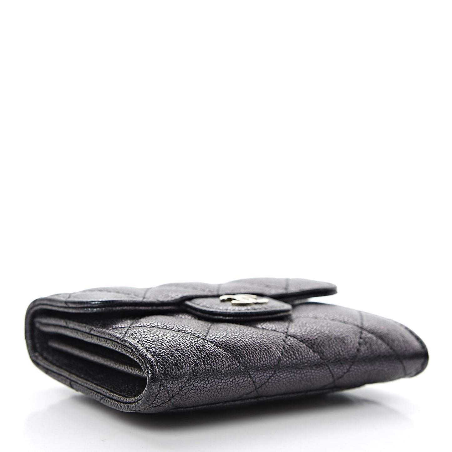 Iridescent Caviar Quilted Flap Card Holder Wallet Black