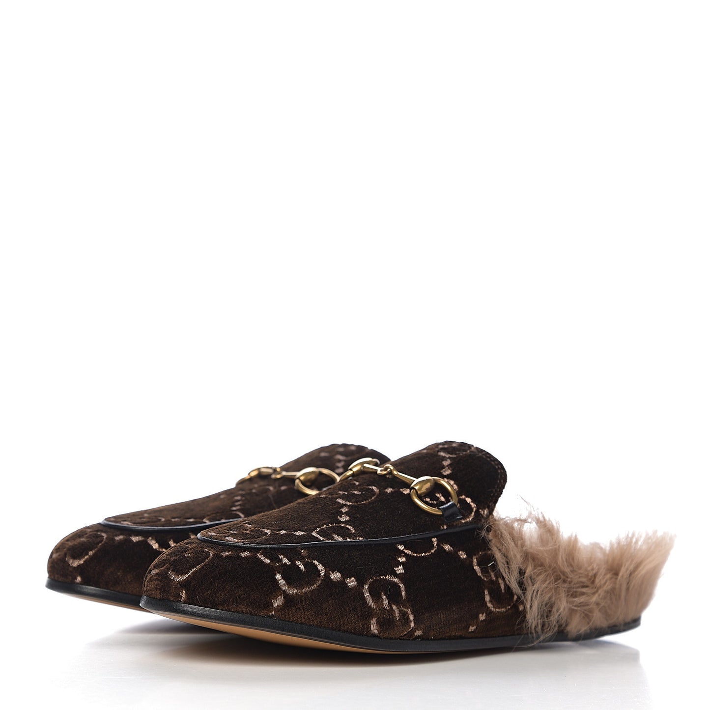 Velvet GG Monogram Fur Womens Princetown Slippers 35 Brown Black Natural