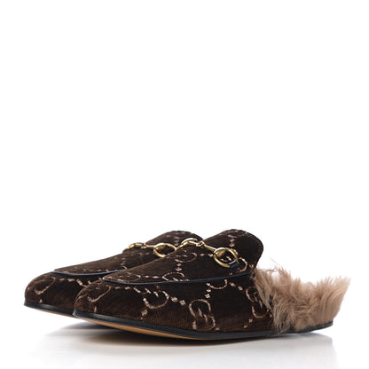 Gucci Velvet GG Monogram Fur Womens Princetown Slippers 35 Brown Black Natural 3 of 9