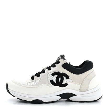 Chanel Mesh Suede Calfskin Grained Calfskin Womens CC Sneakers 37.5 White Black 1 of 12