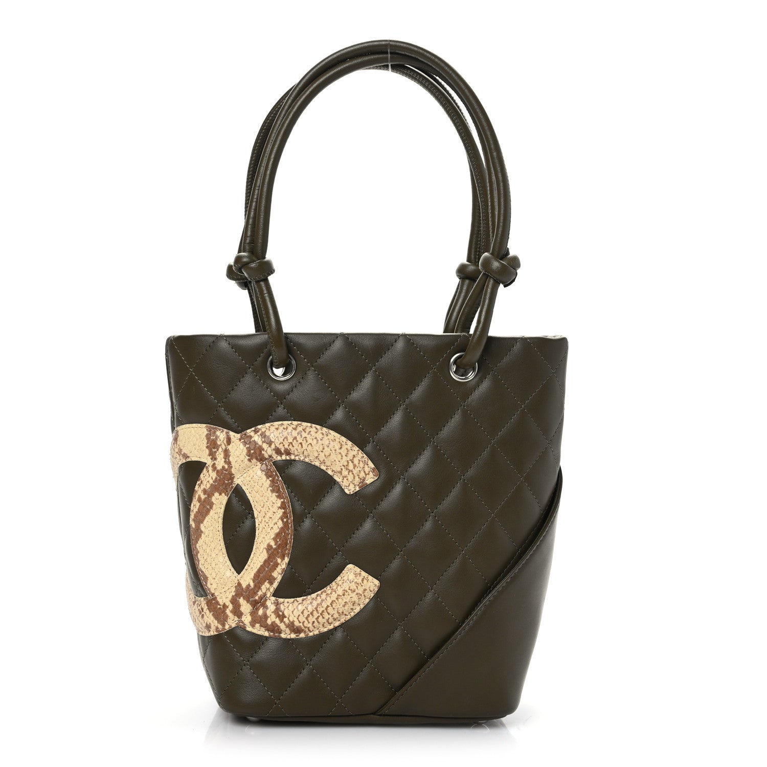 Chanel Calfskin Snakeskin Quilted Small Cambon Tote Khaki 1 of 8