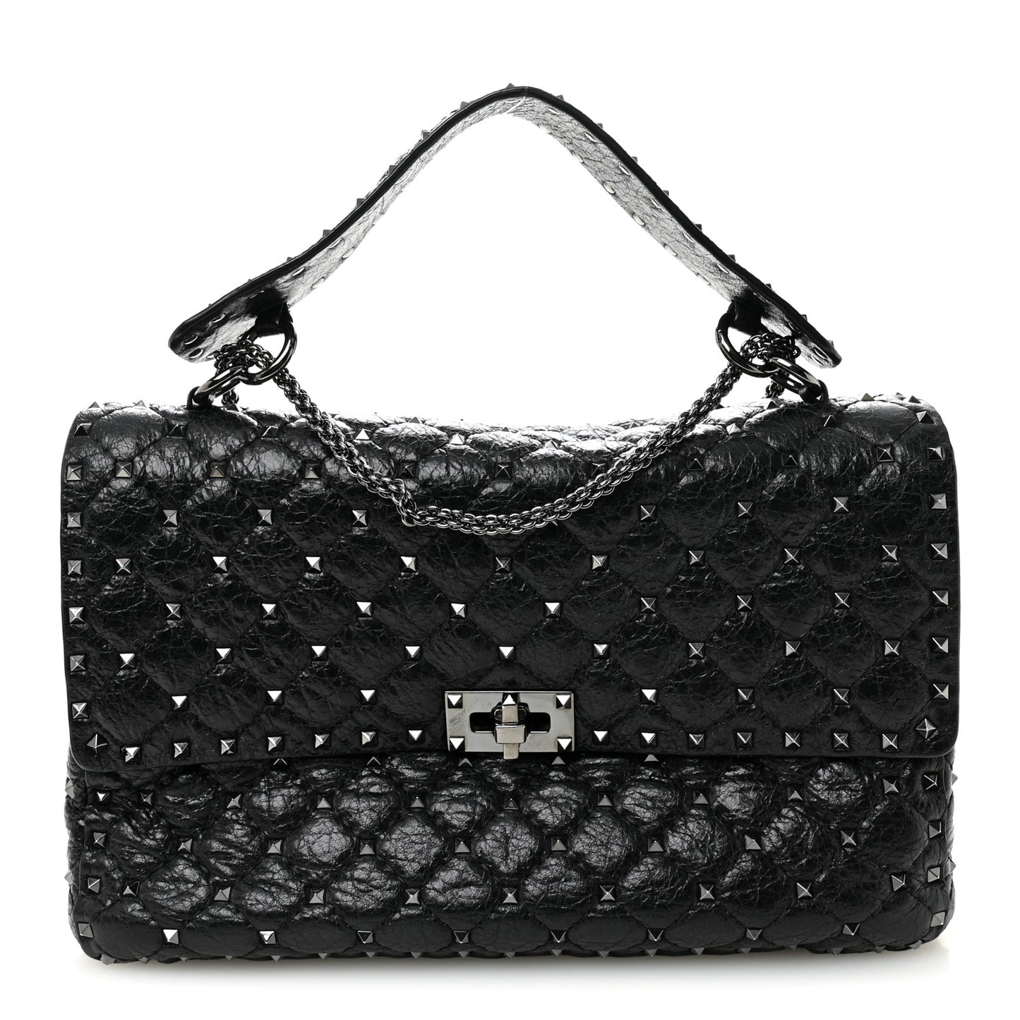 Craquele Nappa Large Rockstud Spike Shoulder Bag Black
