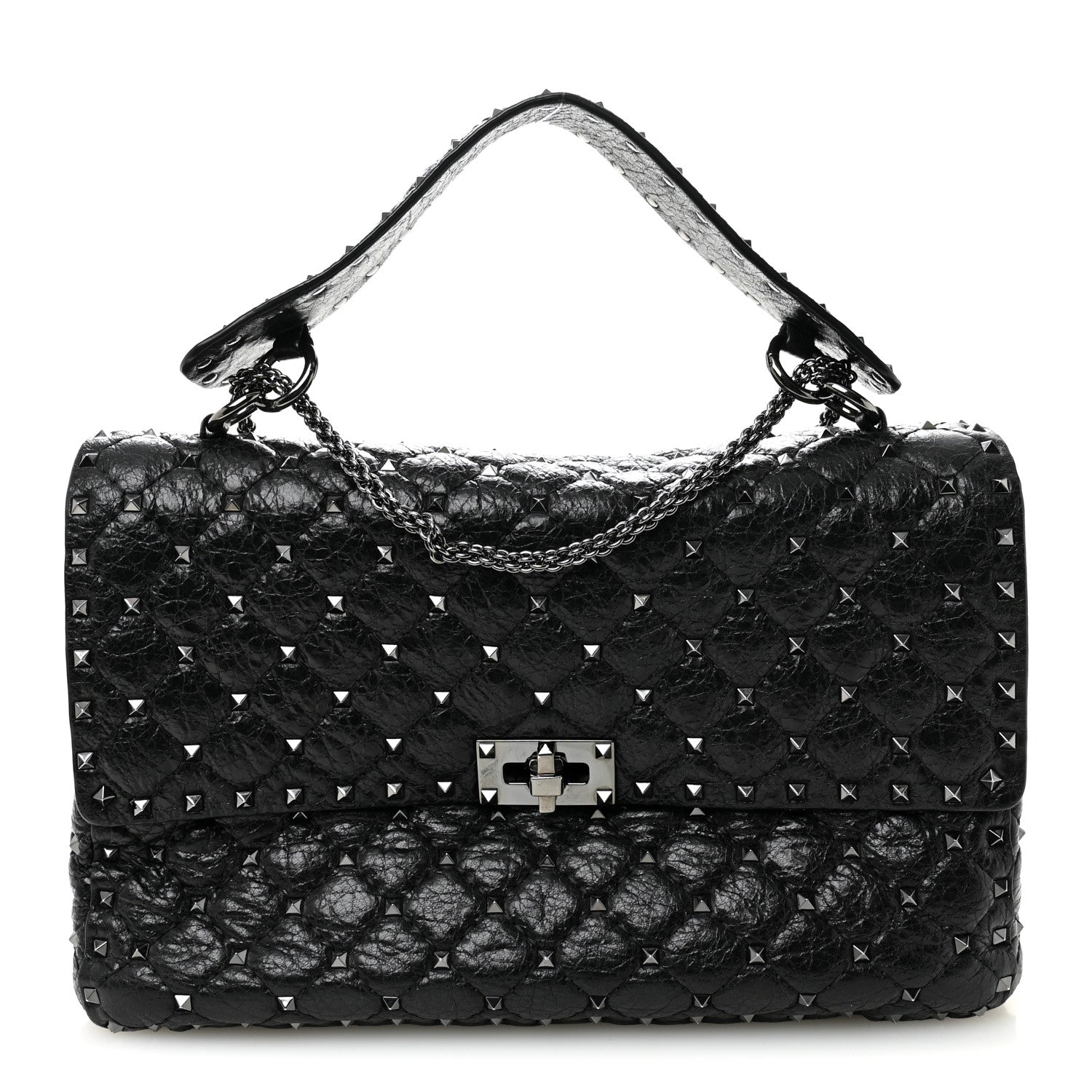Valentino Garavani Craquele Nappa Large Rockstud Spike Shoulder Bag Black 1 of 9