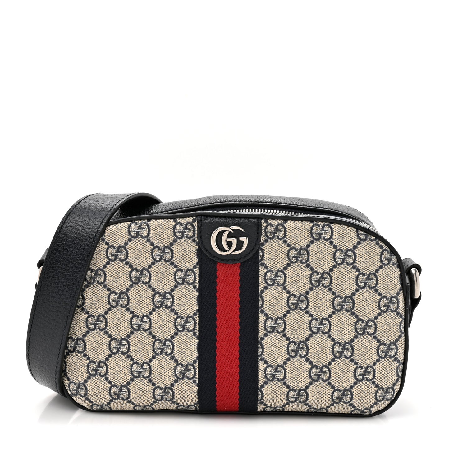 GG Supreme Monogram Textured Dollar Calfskin Web Small Ophidia Camera Bag Beige Blue