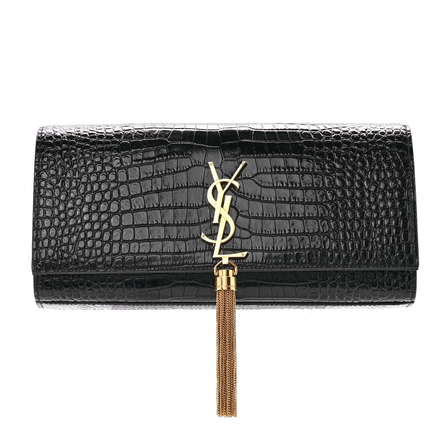 Saint Laurent Calfskin Crocodile Embossed Classic Monogram Tassel Clutch Black 1 of 8