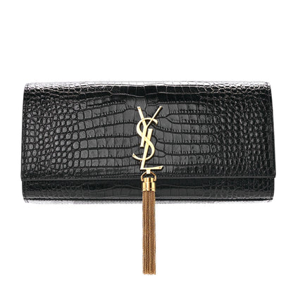 Saint Laurent Calfskin Crocodile Embossed Classic Monogram Tassel Clutch Black 1 of 8