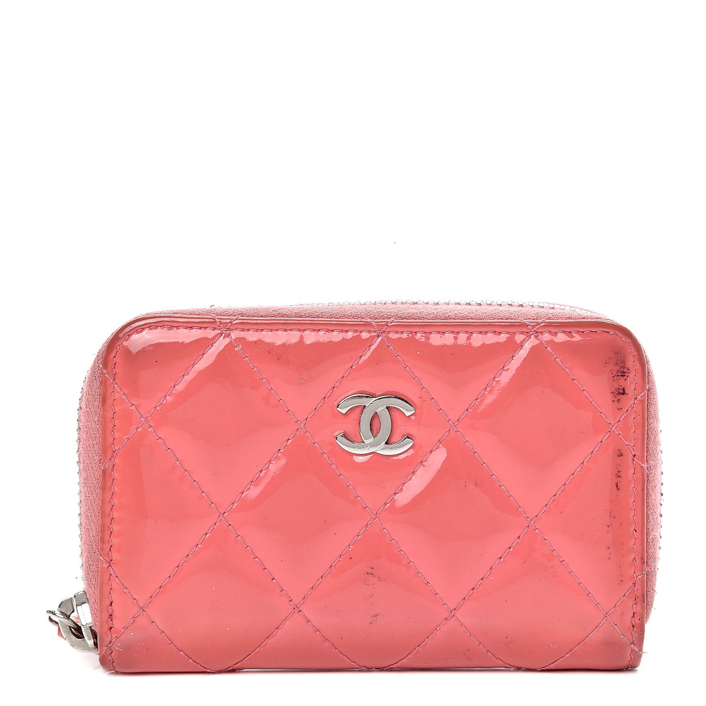 Patent Calfskin Quilted Zip Coin Purse Pink