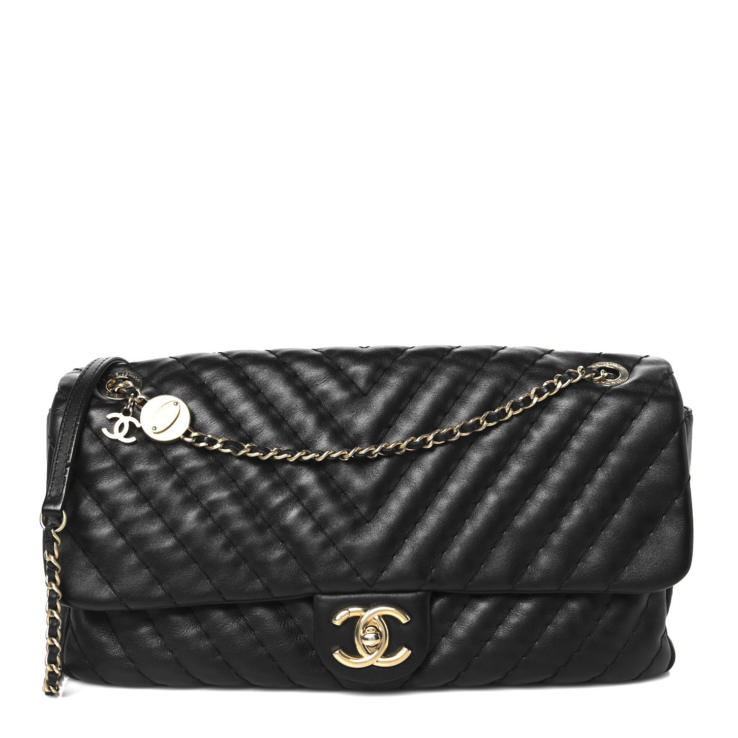 Chanel Calfskin Surpique Chevron Large Flap Black 1 of 14