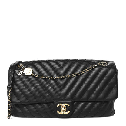 Chanel Calfskin Surpique Chevron Large Flap Black 1 of 14