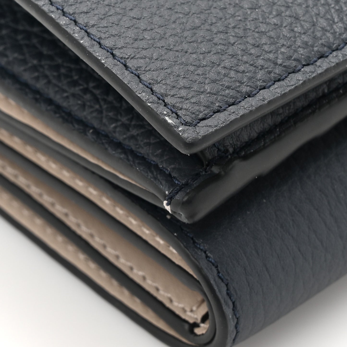 Grained Calfskin Anagram Trifold Wallet Dark Navy Silver