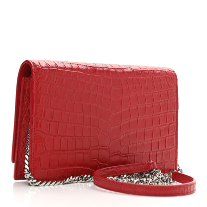 Saint Laurent Calfskin Crocodile Embossed Kate Monogram Tassel Chain Wallet Red 3 of 11