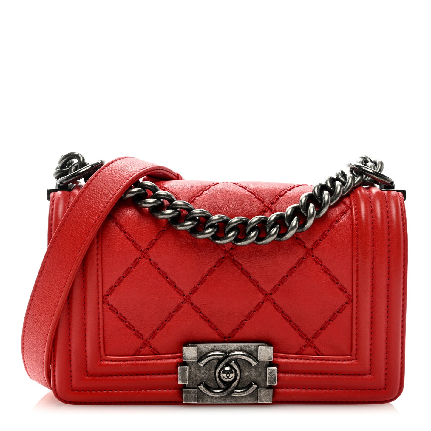 Calfskin Double Stitch Small Boy Flap Red