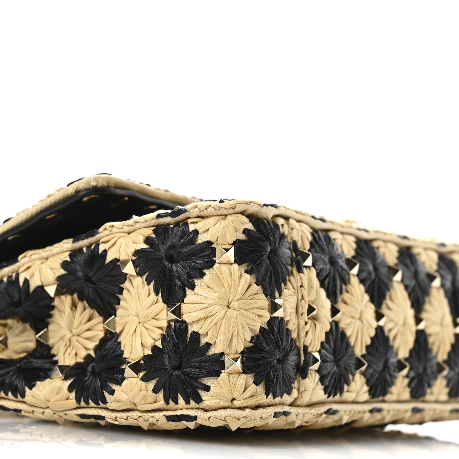 Valentino Garavani Raffia Embroidered Checkered Small Rockstud Spike Shoulder Bag Natural Black 8 of 9