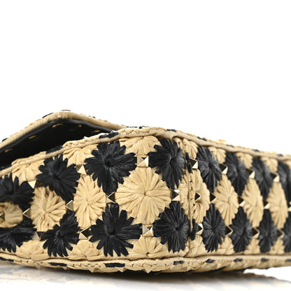 Valentino Garavani Raffia Embroidered Checkered Small Rockstud Spike Shoulder Bag Natural Black 8 of 9