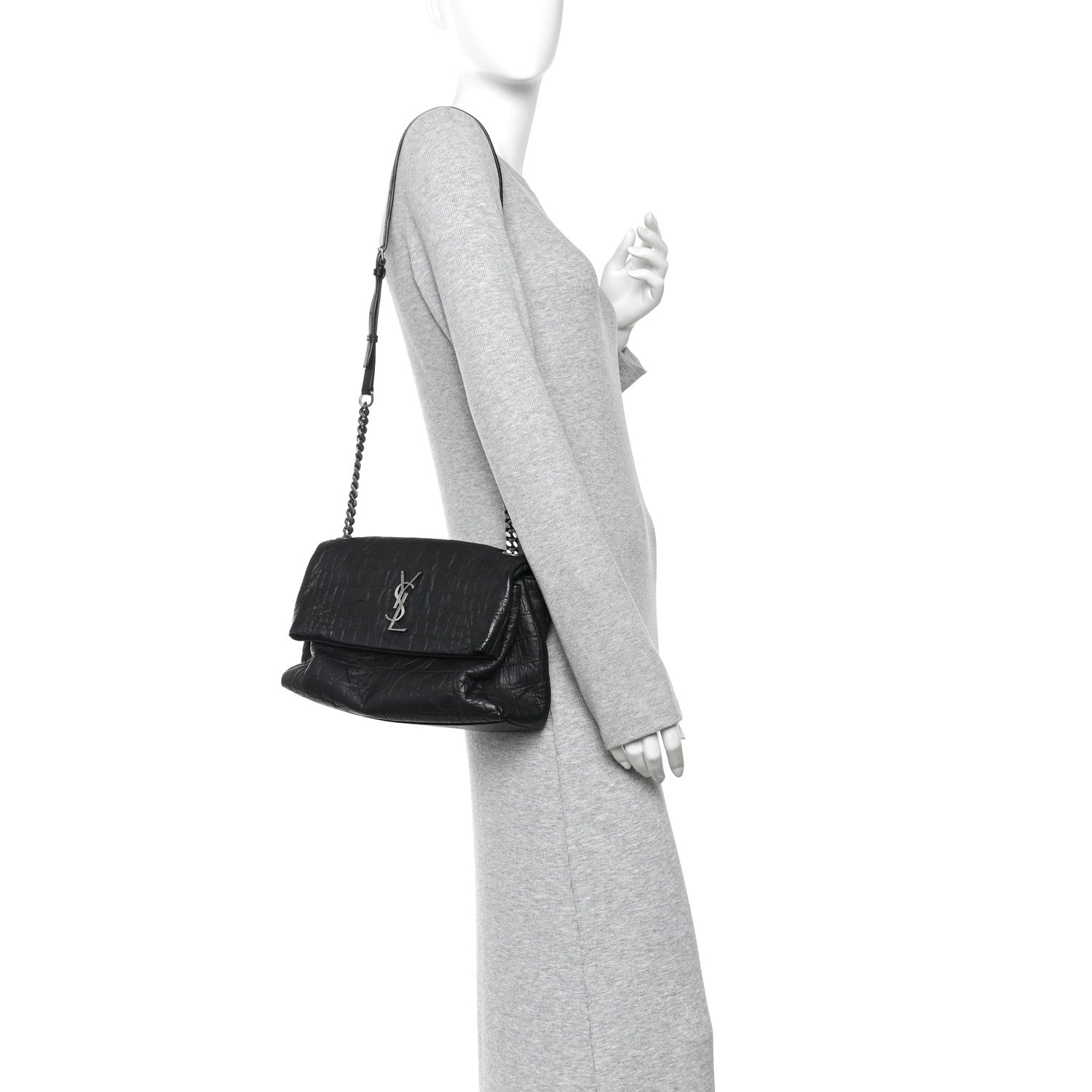 Saint Laurent Calfskin Crocodile Embossed Medium West Hollywood Monogram Fold-Over Black 2 of 13
