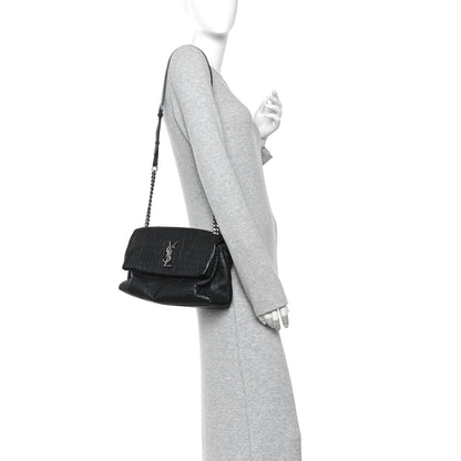 Saint Laurent Calfskin Crocodile Embossed Medium West Hollywood Monogram Fold-Over Black 2 of 13