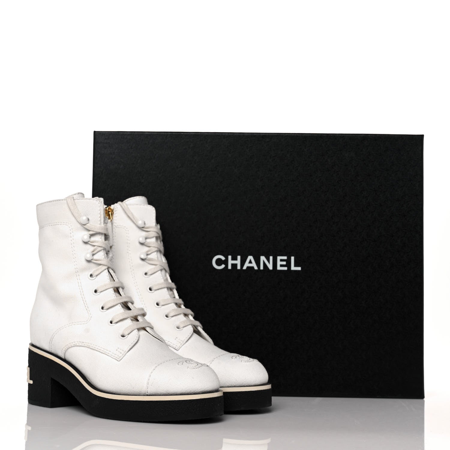 Chanel Fabric CC Lace Up Boots 35.5 White 8 of 8
