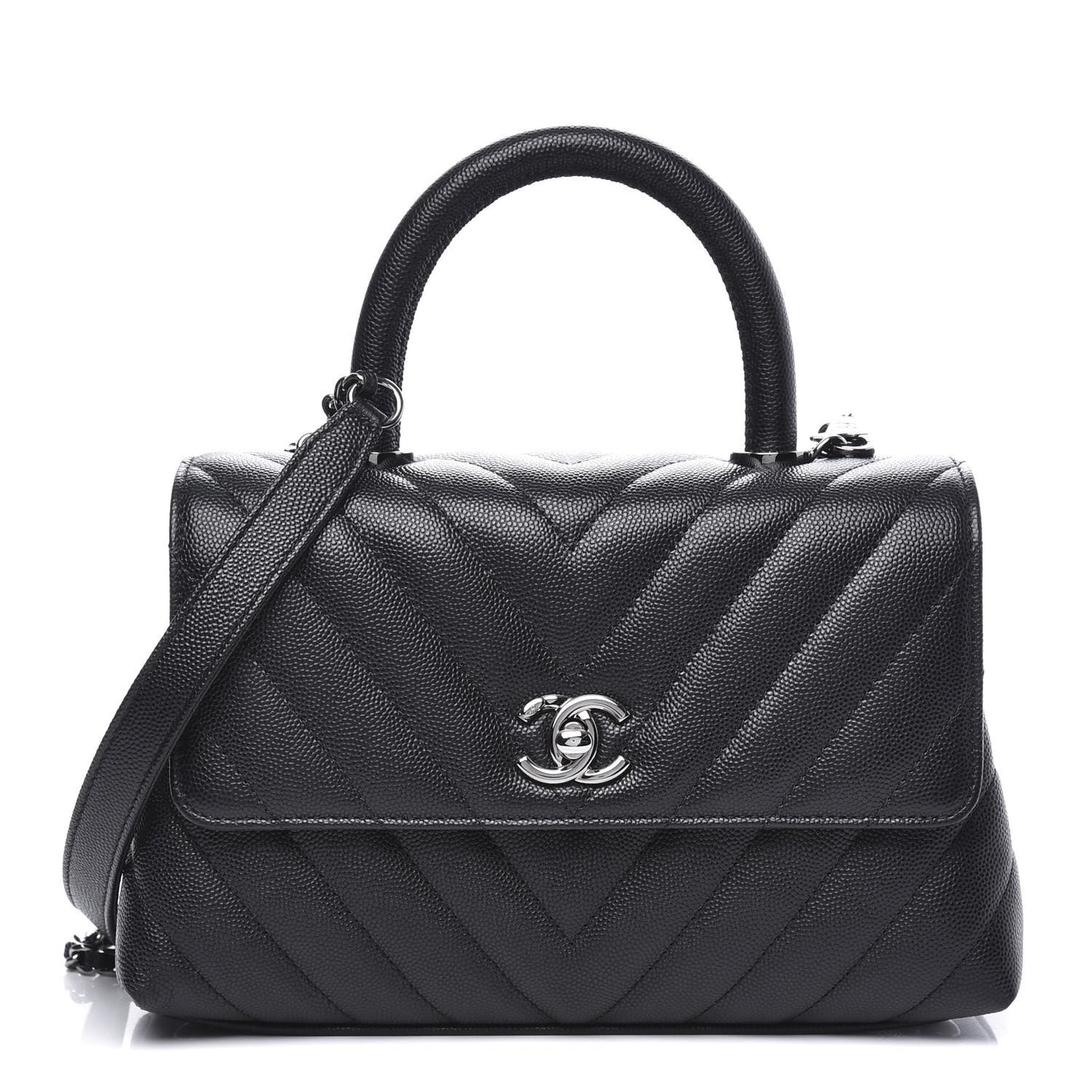 Caviar Chevron Quilted Mini Coco Handle Flap Black