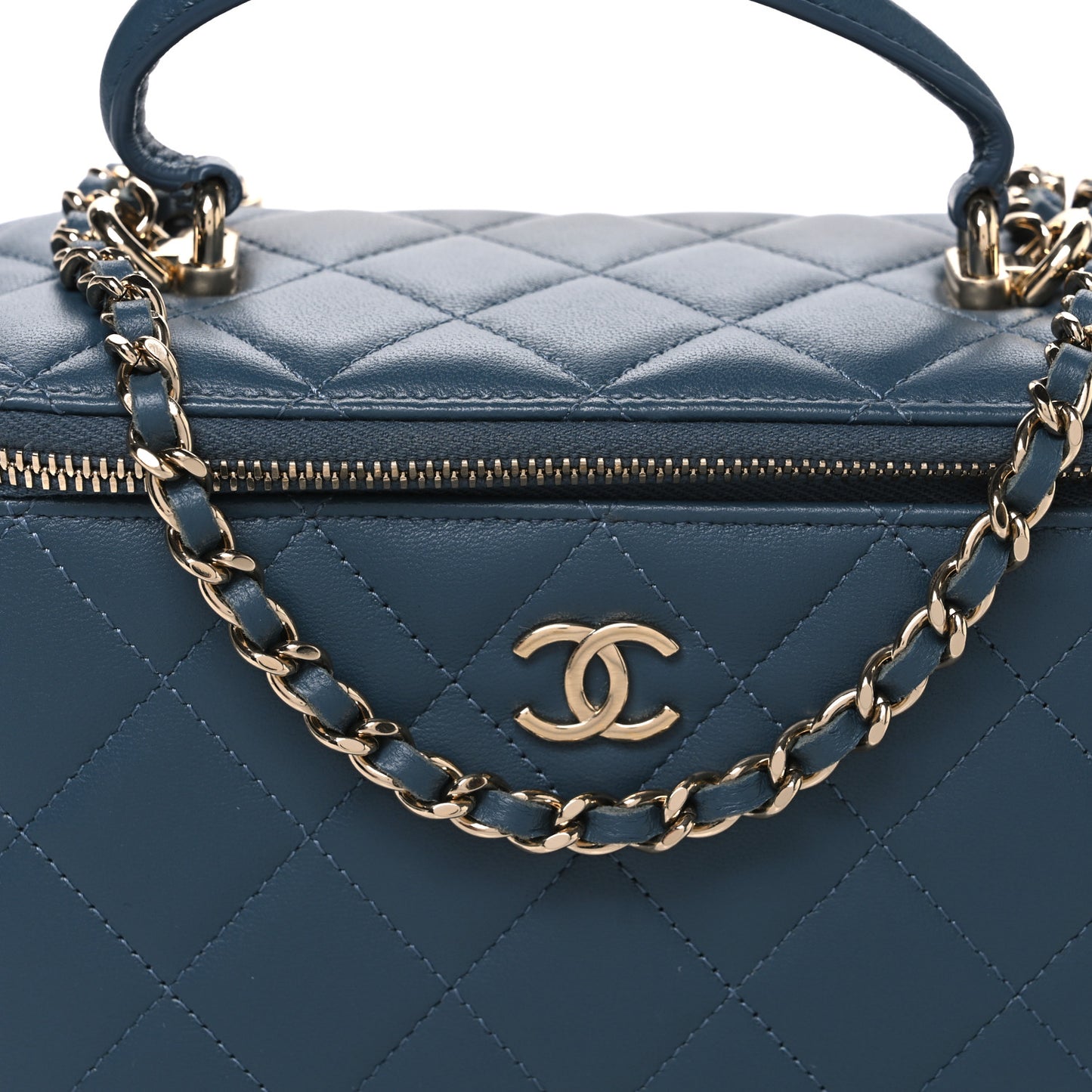 Lambskin Quilted Small Top Handle Vanity Case With Chain Blue