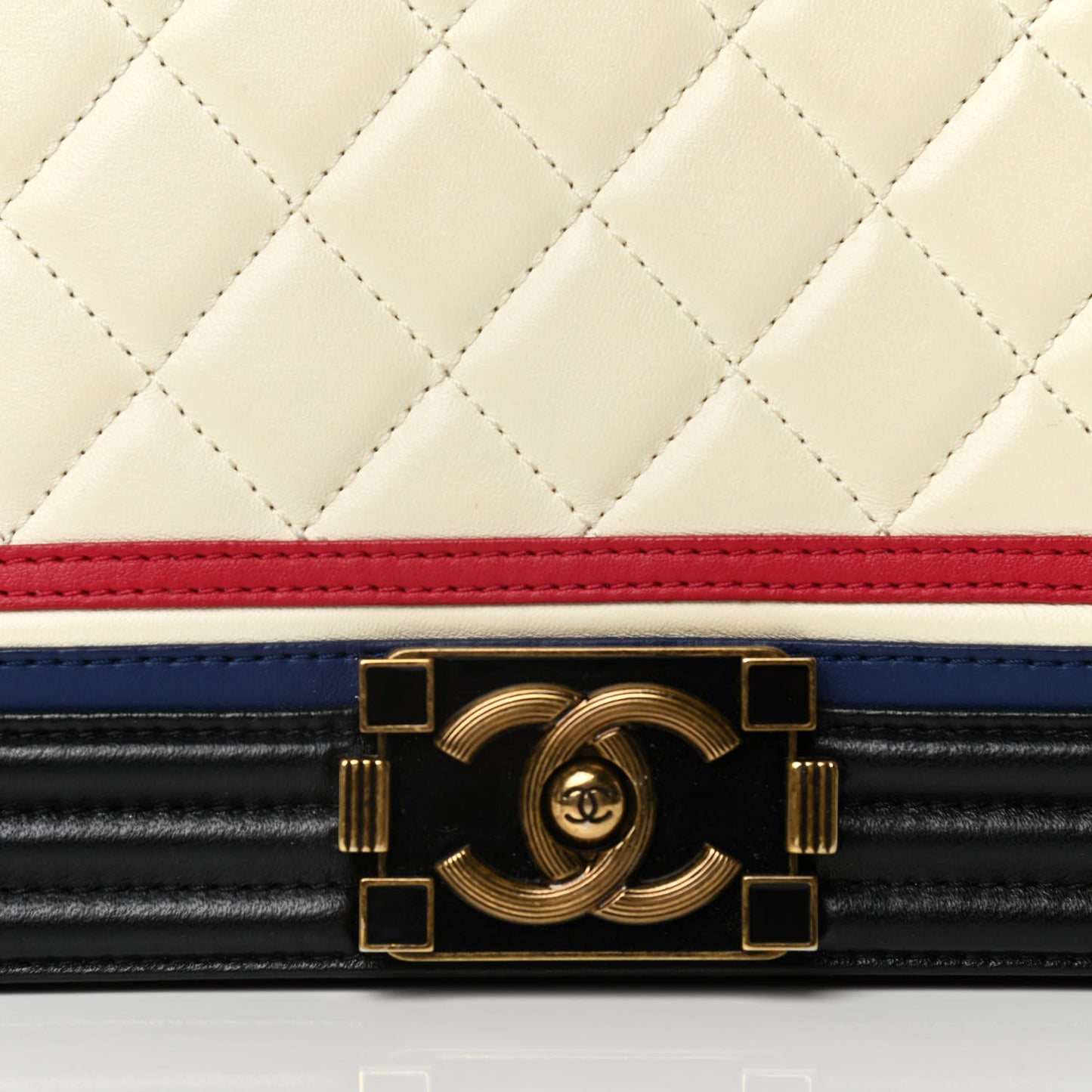 Calfskin Quilted Crest Embellished Medium Boy Flap Black White Blue